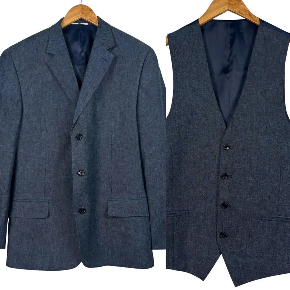 Joseph Abboud Blazer Vest Combo Set Linen Blend Blue Jacket Sport Coat Men's 42L